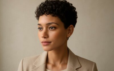 Chic and bold: short pixie cut curly hair that boosts volume.