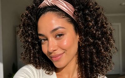 Curly hair and headband combine comfort and flair.